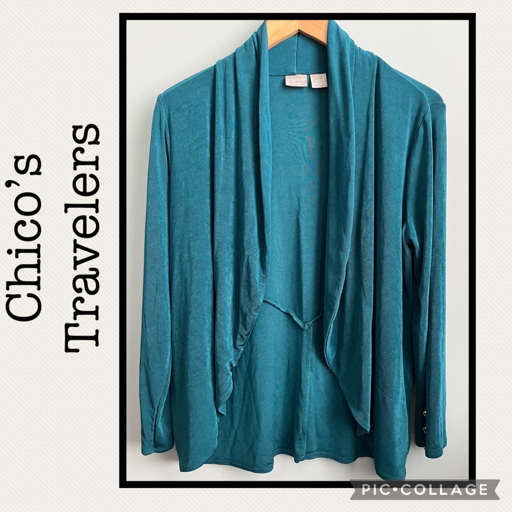 Chico’s Travelers Teal Open Front Cardigan Size 1